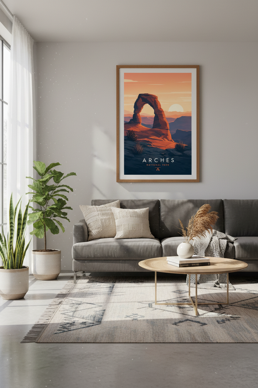 Arches National Park Poster | Mid-Century Modern Utah Wall Art, Desert Sunset Decor