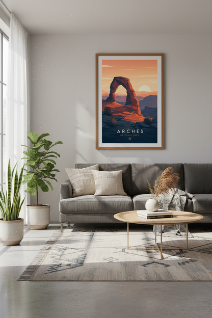 Arches National Park Poster | Mid-Century Modern Utah Wall Art, Desert Sunset Decor