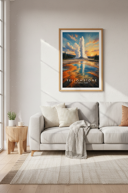 Yellowstone National Park Art | Old Faithful Sunset Poster, Nature Wall Decor