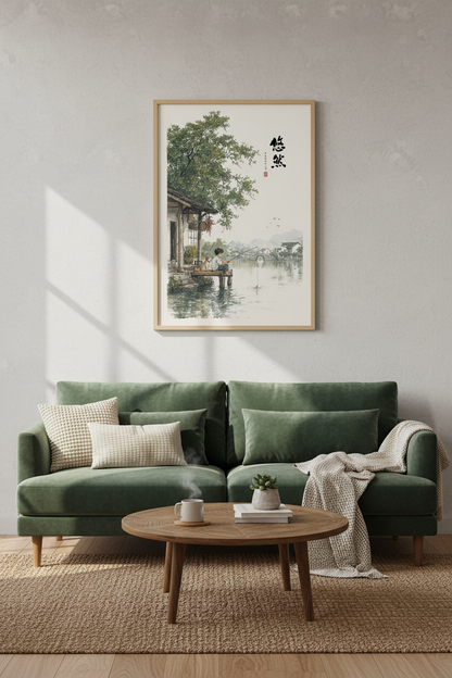 Japanese Ink Art Fishing Boy | Zen Landscape Decor, Nostalgic Watercolor Poster