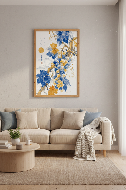 Japanese Grapes Wall Art | Blue &amp; Gold Ink Print, Asian Zen Kitchen Decor