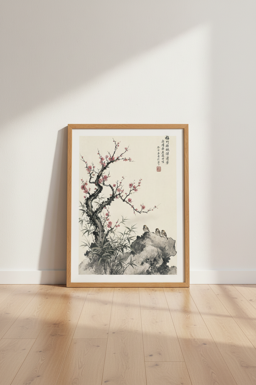 Plum Blossom &amp; Sparrow | Japanese Ink Wash Style Wall Art, Zen Living Room Decor