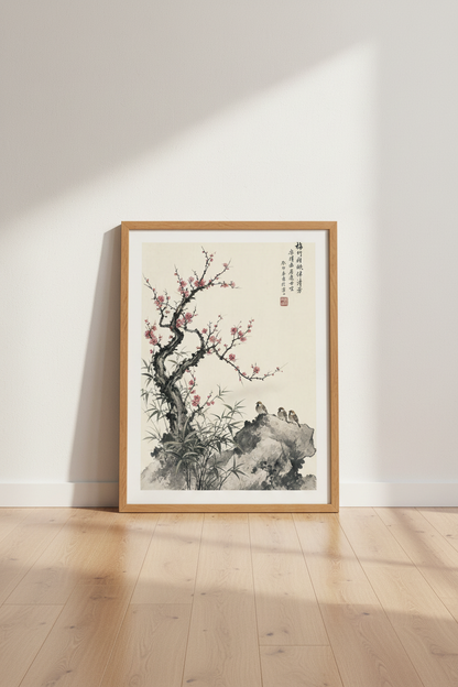 Plum Blossom &amp; Sparrow | Japanese Ink Wash Style Wall Art, Zen Living Room Decor