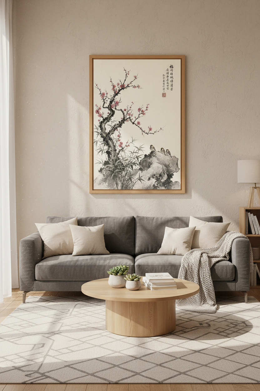 Plum Blossom &amp; Sparrow | Japanese Ink Wash Style Wall Art, Zen Living Room Decor