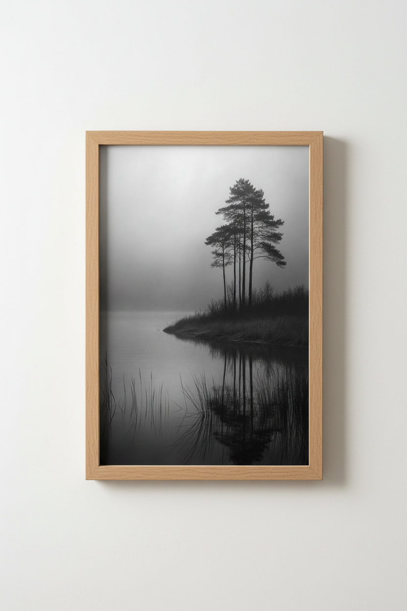 Misty Lake Wall Art Print | Foggy Nature Pine Forest Decor | Minimalist Poster