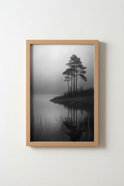 Misty Lake Wall Art Print | Foggy Nature Pine Forest Decor | Minimalist Poster