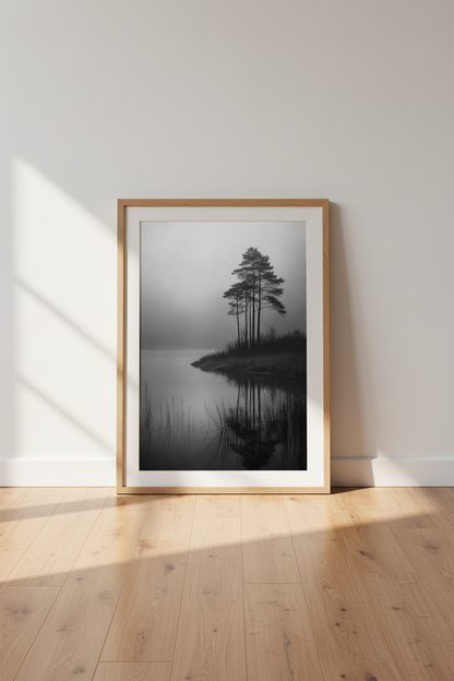 Misty Lake Wall Art Print | Foggy Nature Pine Forest Decor | Minimalist Poster