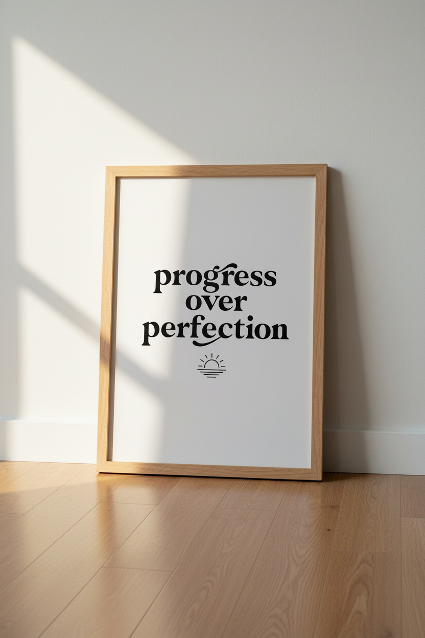 Progress Over Perfection Art | Minimalist Typography Office Decor | Modern Quote Poster