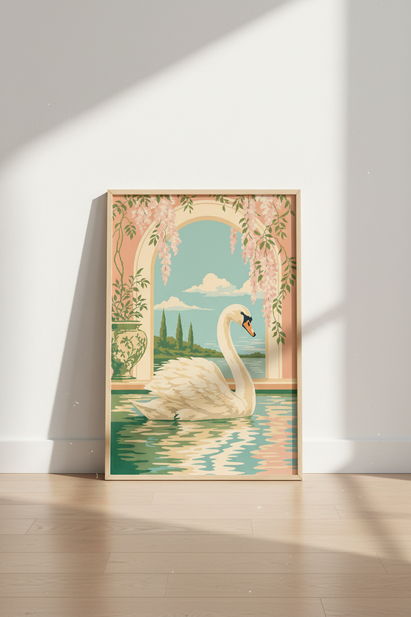 Swan Garden Lake Wall Art | Pastel Pink Wisteria, Mediterranean Bedroom Decor Poster