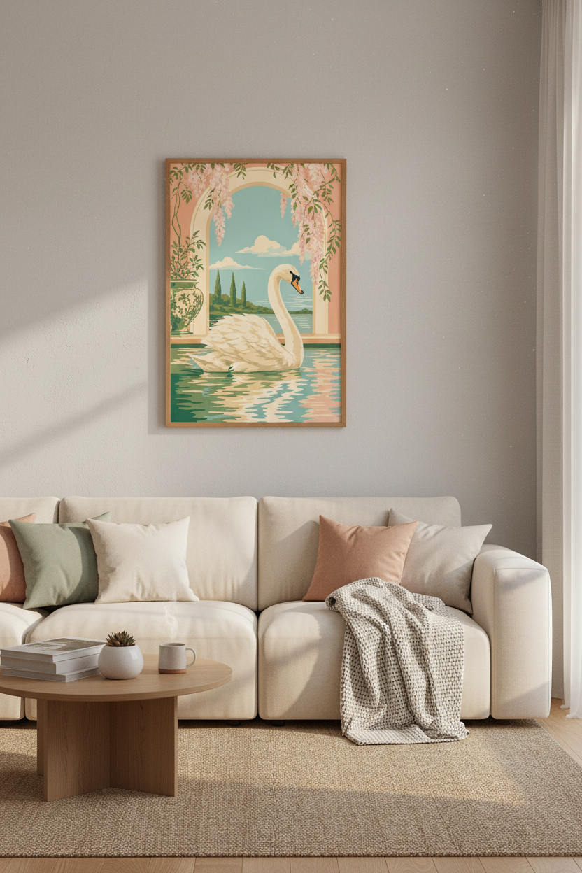 Swan Garden Lake Wall Art | Pastel Pink Wisteria, Mediterranean Bedroom Decor Poster