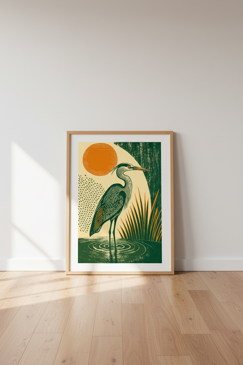 Heron Bird Art Print | Linocut Green &amp; Orange Modern Woodblock, Living Room Decor