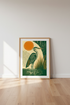 Heron Bird Art Print | Linocut Green & Orange Modern Woodblock, Living Room Decor