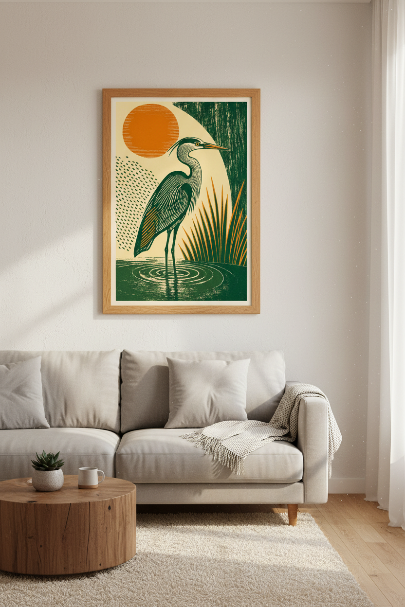 Heron Bird Art Print | Linocut Green &amp; Orange Modern Woodblock, Living Room Decor