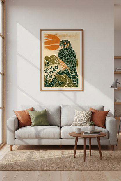 Falcon Hawk Wall Art | Linocut Bird Poster, Cabin &amp; Office Decor Art