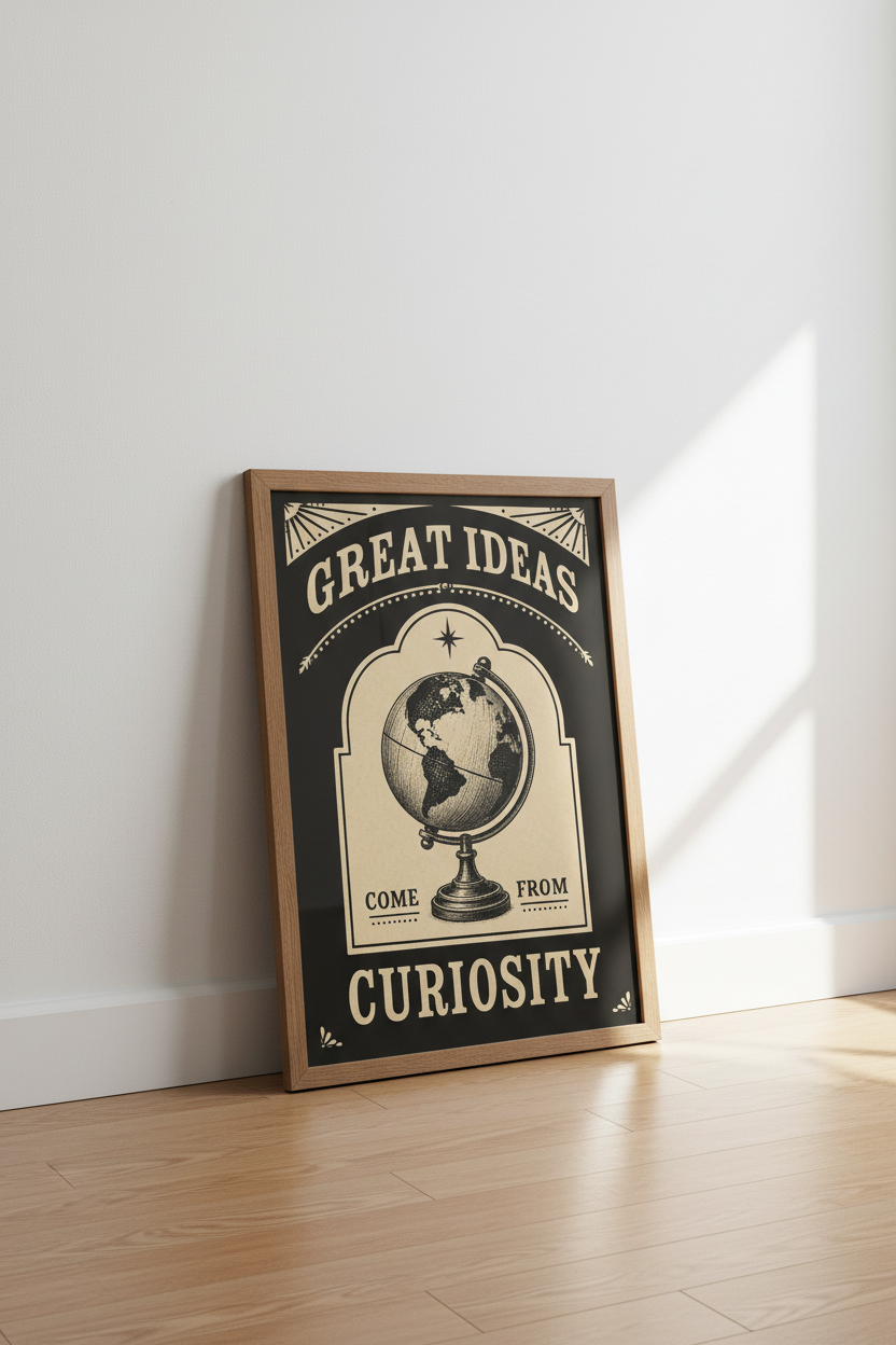 Vintage Globe Poster | Dark Academia Curiosity Quote Art | Office Decor