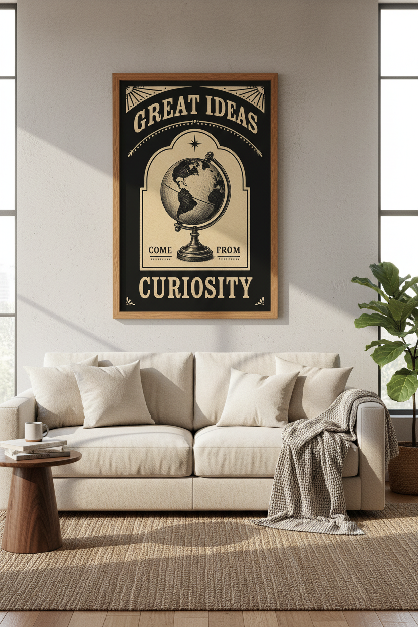 Vintage Globe Poster | Dark Academia Curiosity Quote Art | Office Decor