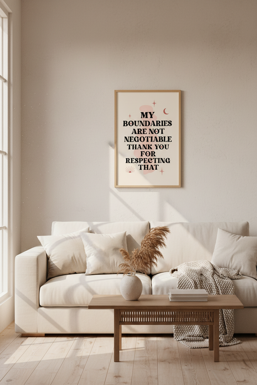 Boundaries Quote Wall Art Print | Pink Retro Typography, Home Office Decor
