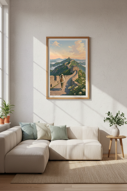 Great Wall of China | Ghibli Style Travel Art, Sunset Mountain Poster