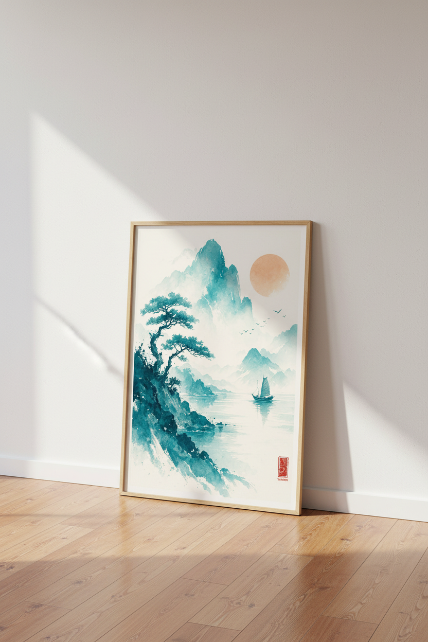 Japanese Mountain Landscape | Teal Watercolor Zen Art, Minimalist Office Decor
