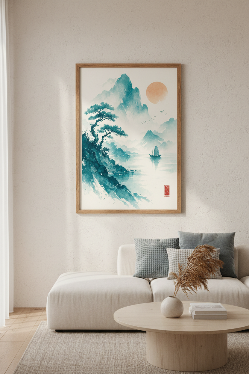 Japanese Mountain Landscape | Teal Watercolor Zen Art, Minimalist Office Decor