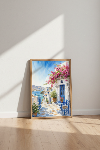 Greek Village Mediterranean Wall Art | Blue &amp; White Watercolor, Coastal Decor Poster