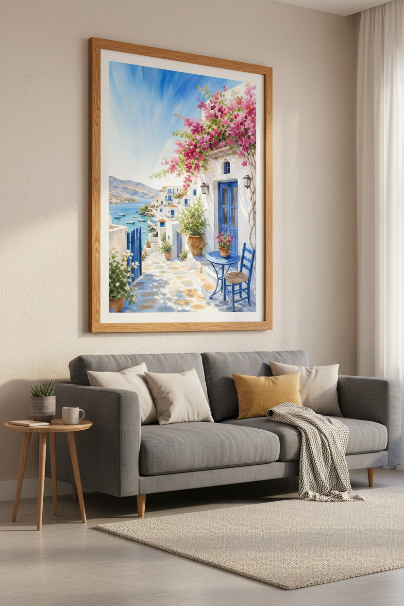 Greek Village Mediterranean Wall Art | Blue &amp; White Watercolor, Coastal Decor Poster