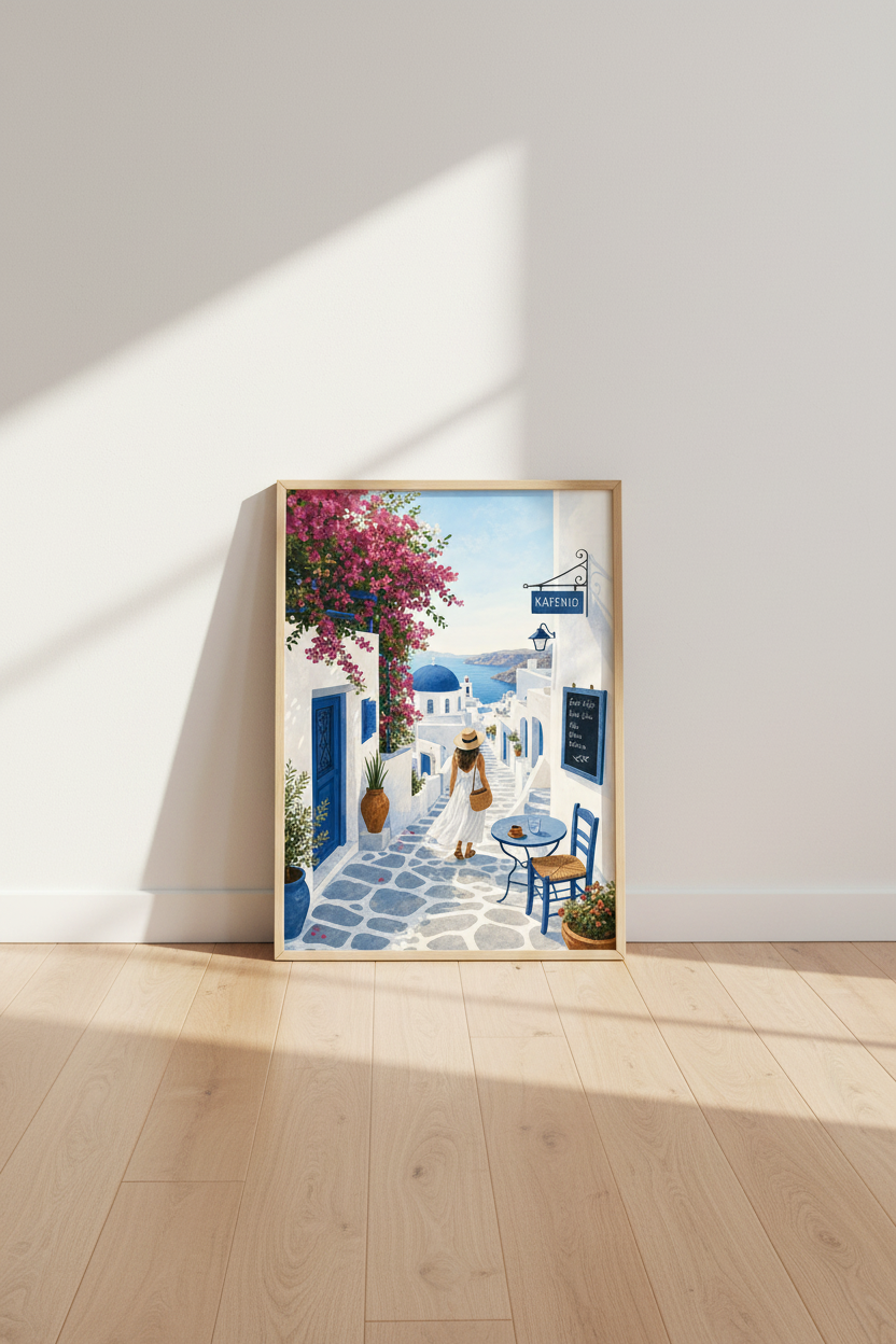 Santorini Greece Wall Art Print | Mediterranean Coastal Decor | Blue White Poster
