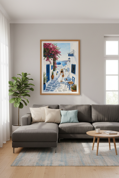 Santorini Greece Wall Art Print | Mediterranean Coastal Decor | Blue White Poster