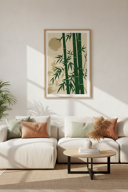Green Bamboo Forest Art | Minimalist Japanese Zen Style, Living Room Decor