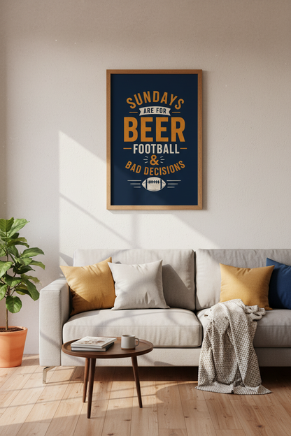 Football &amp; Beer Wall Art Print | Man Cave Decor | Funny Sports Poster