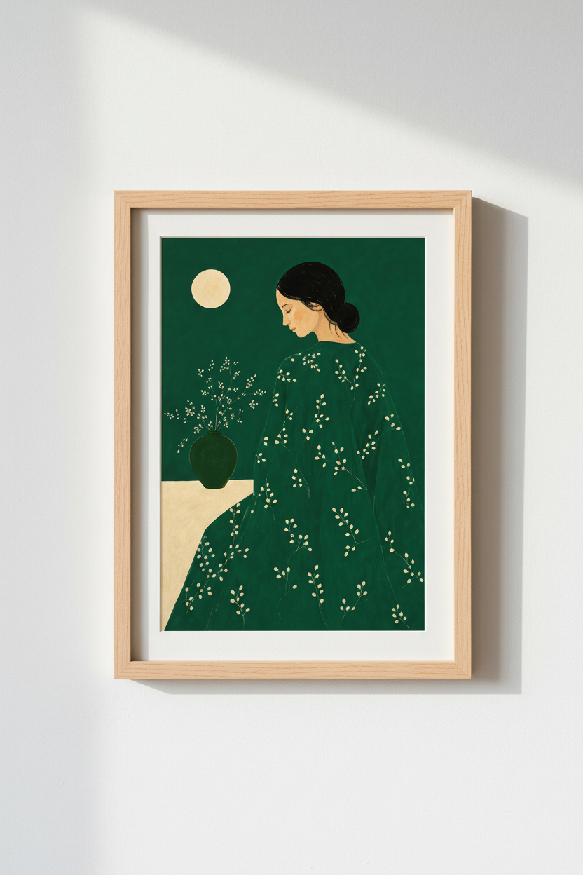 Botanical Poster | Emerald Teal, Female Silhouette | Living Room Decor