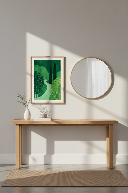 green landscape art | Verdant hues, minimalist style | living room decor
