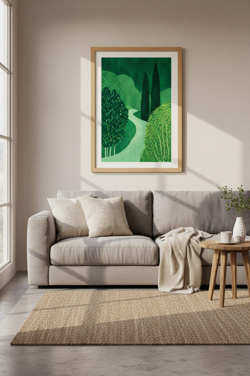 green landscape art | Verdant hues, minimalist style | living room decor