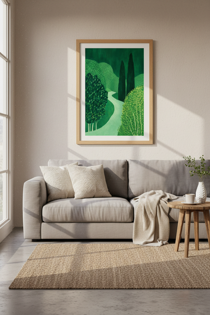 green landscape art | Verdant hues, minimalist style | living room decor
