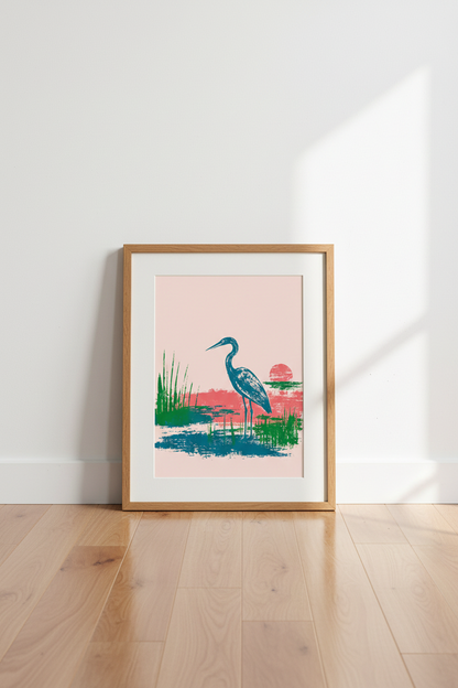 Blue Heron Poster | Coastal Linocut Style, Beach House Wall Decor