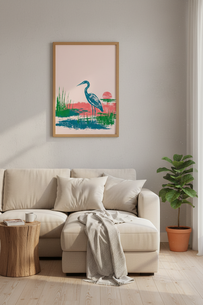 Blue Heron Poster | Coastal Linocut Style, Beach House Wall Decor