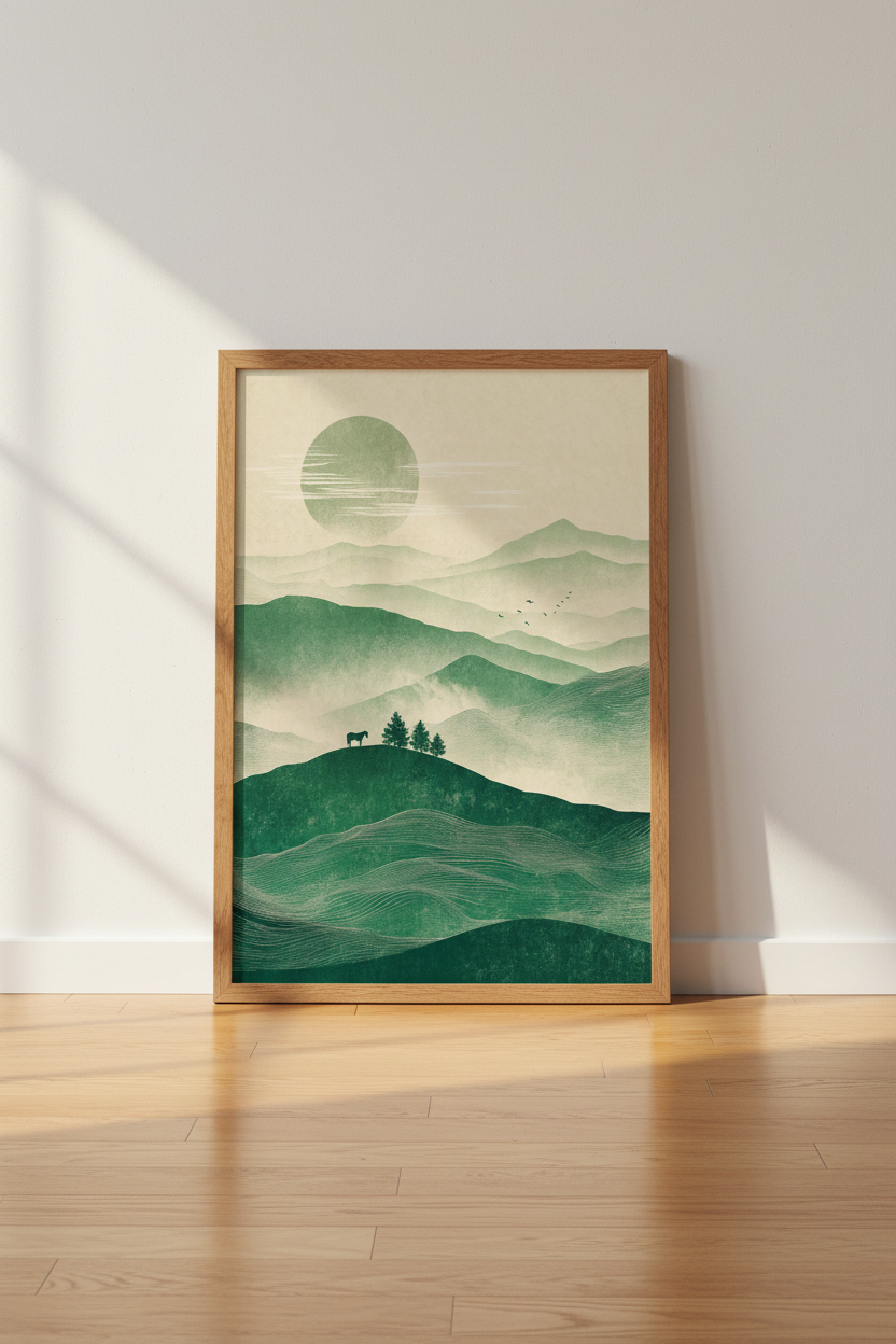 Minimalist Mountain Horizon | Sage Green Nature Landscape, Zen Living Room Decor