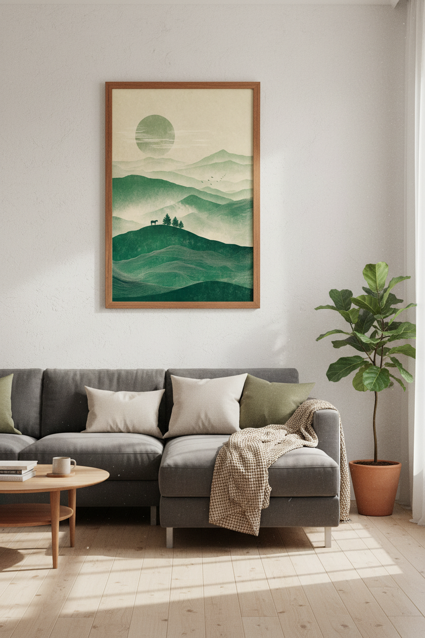 Minimalist Mountain Horizon | Sage Green Nature Landscape, Zen Living Room Decor