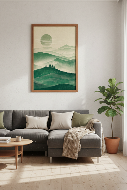 Minimalist Mountain Horizon | Sage Green Nature Landscape, Zen Living Room Decor