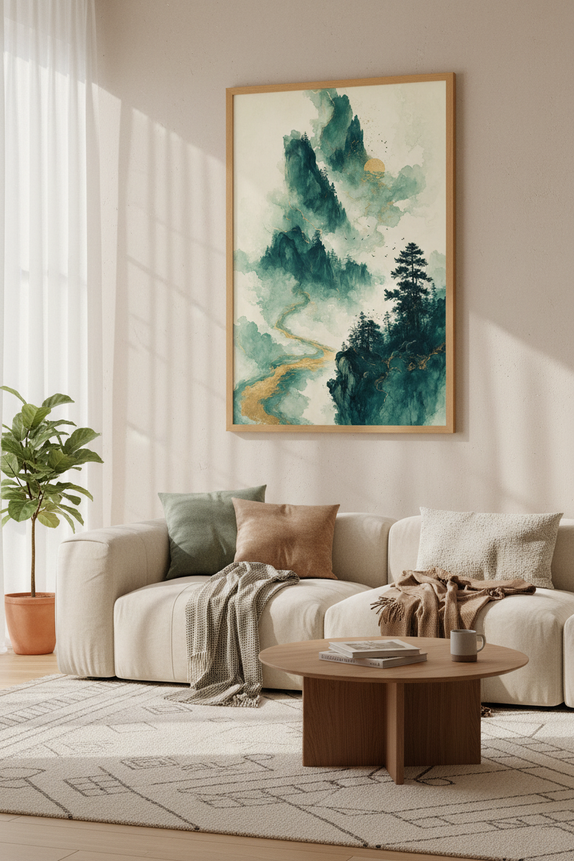 Green Gold Mountain Landscape Art | Japanese Style Misty Pine Poster, Zen Living Room