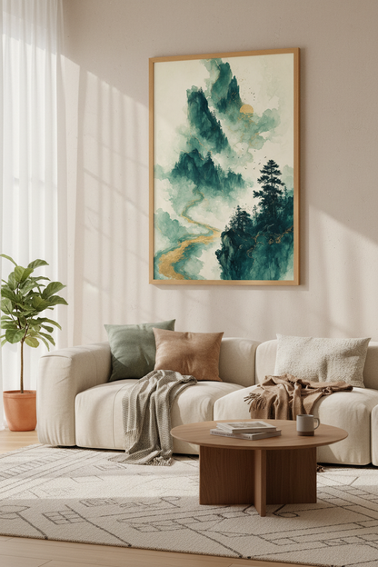 Green Gold Mountain Landscape Art | Japanese Style Misty Pine Poster, Zen Living Room