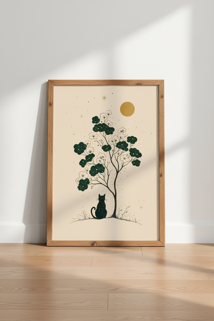 Black Cat Moon Wall Art Print | Celestial Botanical Decor | Whimsical Poster