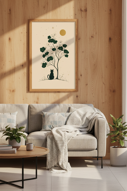 Black Cat Moon Wall Art Print | Celestial Botanical Decor | Whimsical Poster