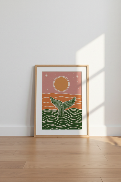 Bohemian Whale Tail Art | Terracotta &amp; Sage Coastal Decor, Modern Nursery Poster