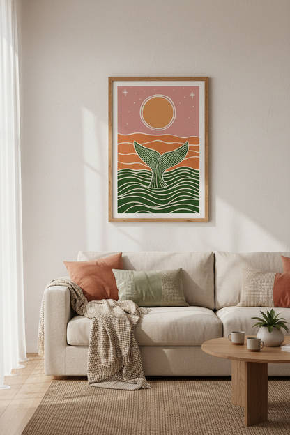 Bohemian Whale Tail Art | Terracotta &amp; Sage Coastal Decor, Modern Nursery Poster
