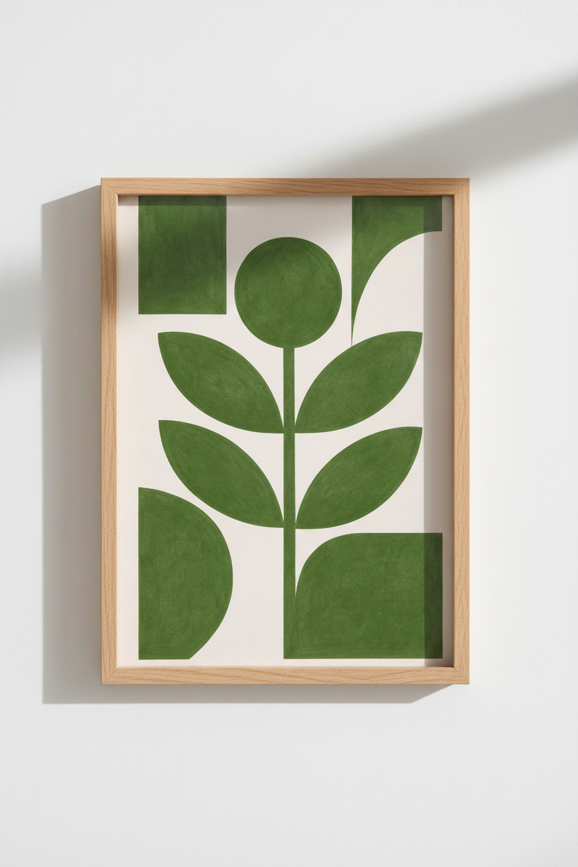 Abstract Botanical Art | Forest Green Geometric Leaves, Modern Living Room Decor