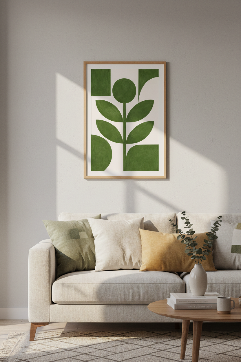 Abstract Botanical Art | Forest Green Geometric Leaves, Modern Living Room Decor