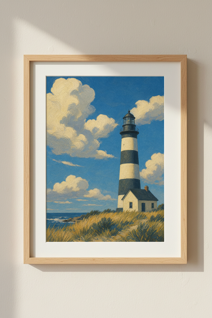 Coastal Lighthouse Art Print | Nautical Beach House Decor | Painterly Seascape Poster