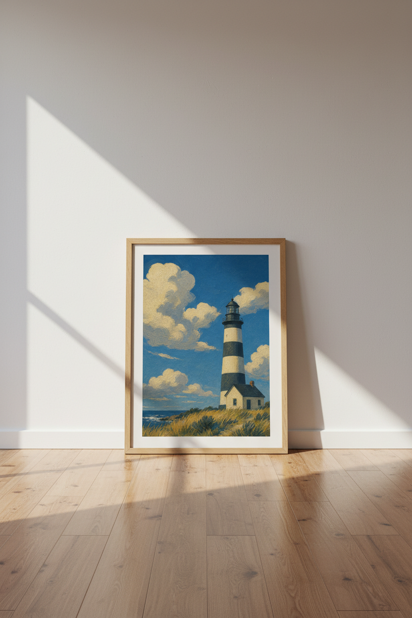 Coastal Lighthouse Art Print | Nautical Beach House Decor | Painterly Seascape Poster