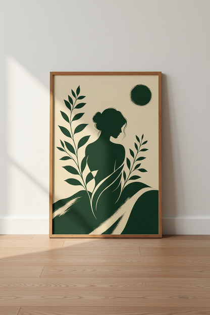 Boho Woman Silhouette Wall Art | Forest Green Botanical, Bedroom Decor Poster